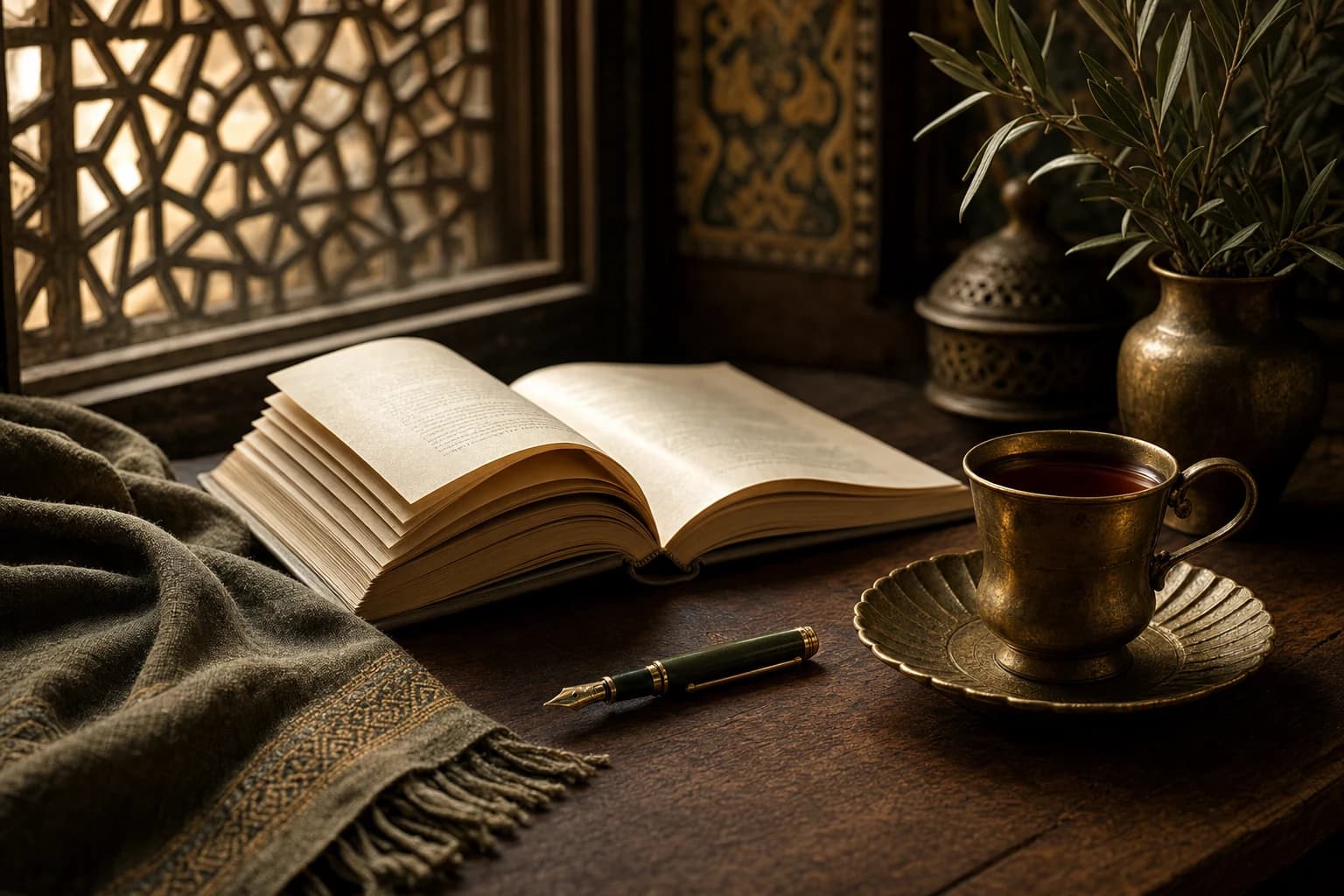 كتاب مفتوح بجانب كوب شاي وقلم على طاولة خشبية